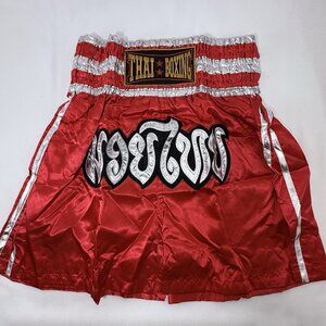 Muay Thai Boxing Shorts XXL Red Striped Patch Fonts Words Embroidered Kickboxing
